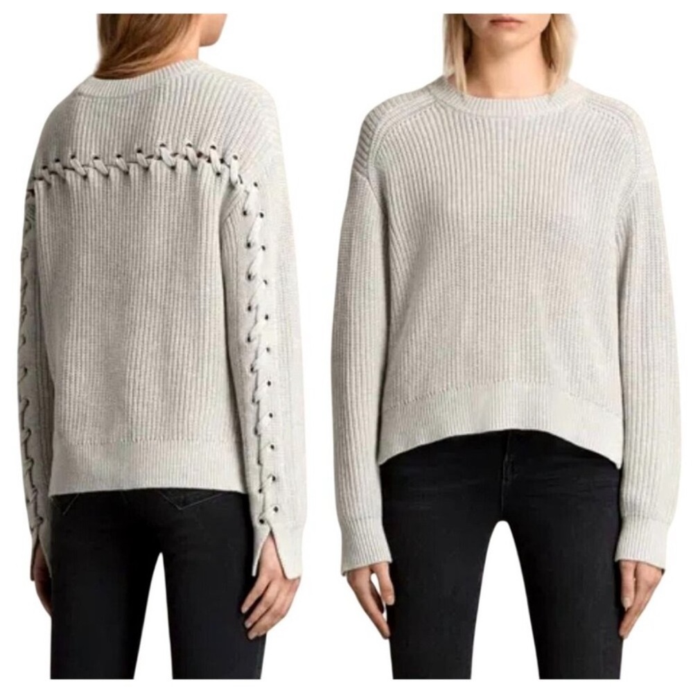 AllSaints Grey Crew Neck Sweater with Lace-Up Sleeves